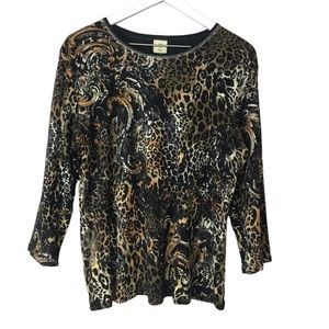 Jess & Jane Brown Black Animal Print Sequin Bling Pullover Top Women Sz L
